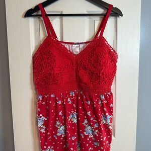 No Boundaries Red Crochet Floral Dress